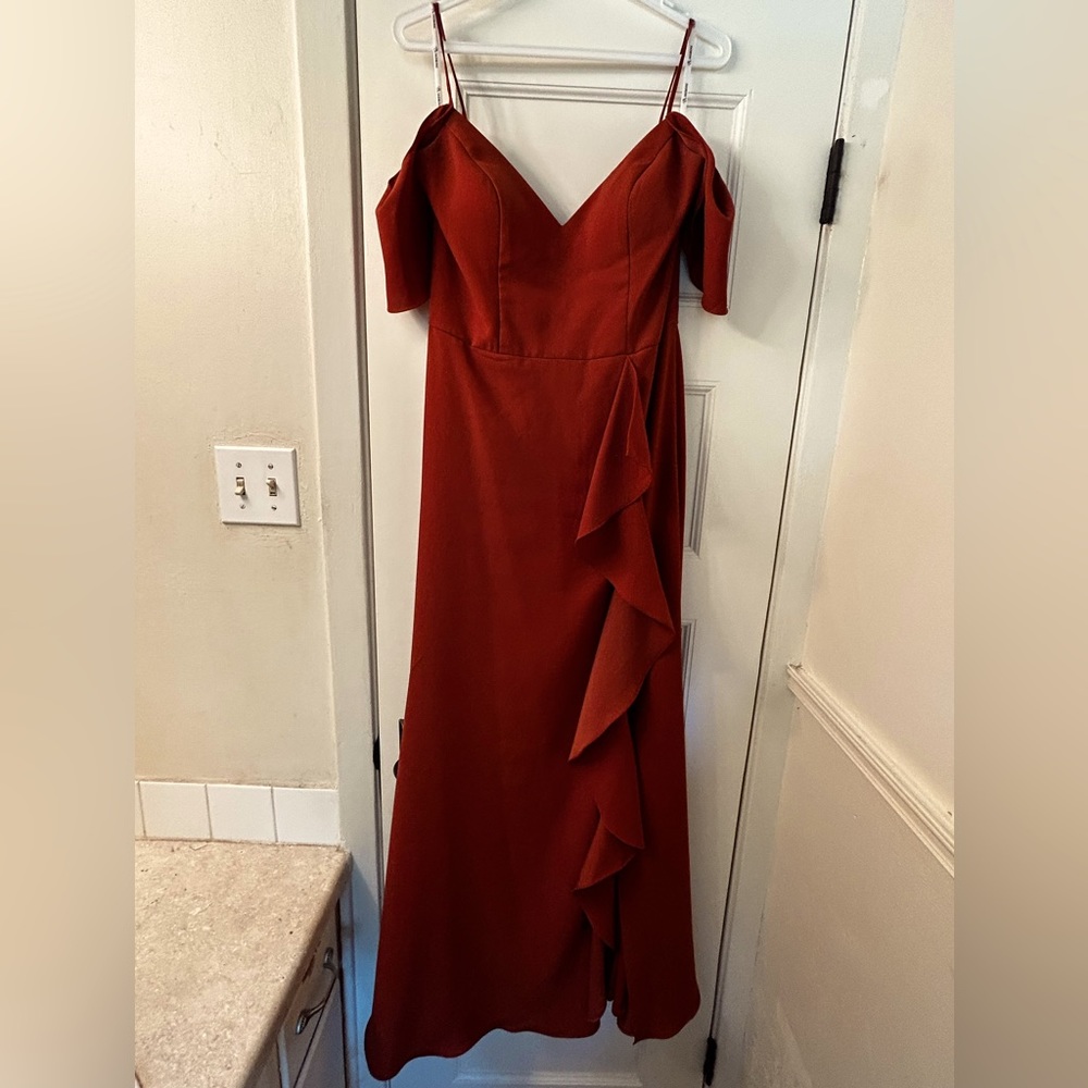 Rust Bridesmaid Dress x2. One chiffon (more red), one crepe (more orange)